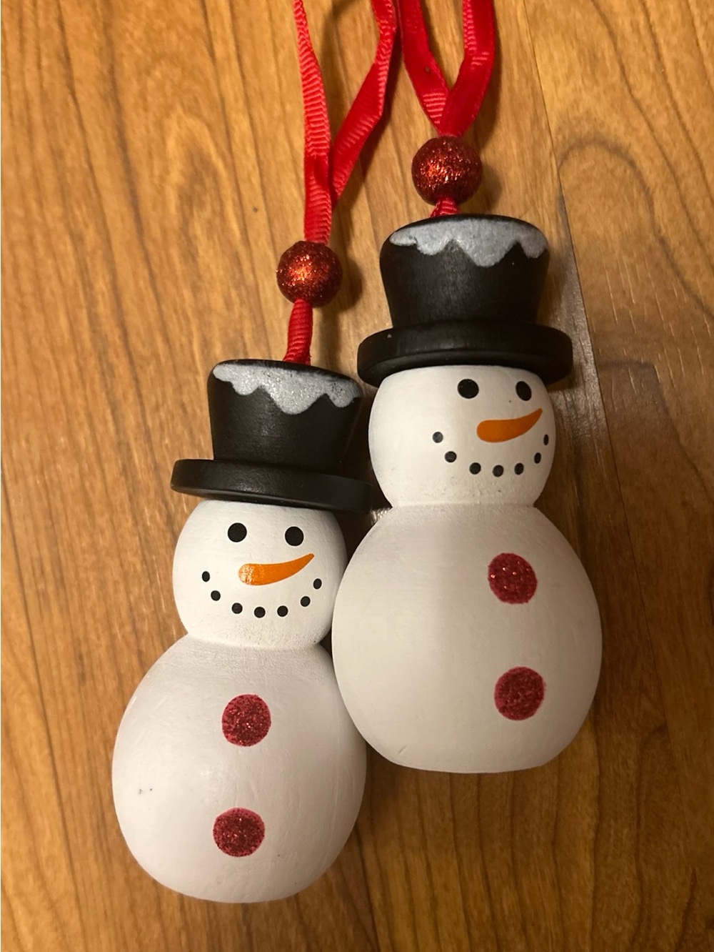 Holiday Snowman Ornament Pair - White and Black with Red Accents